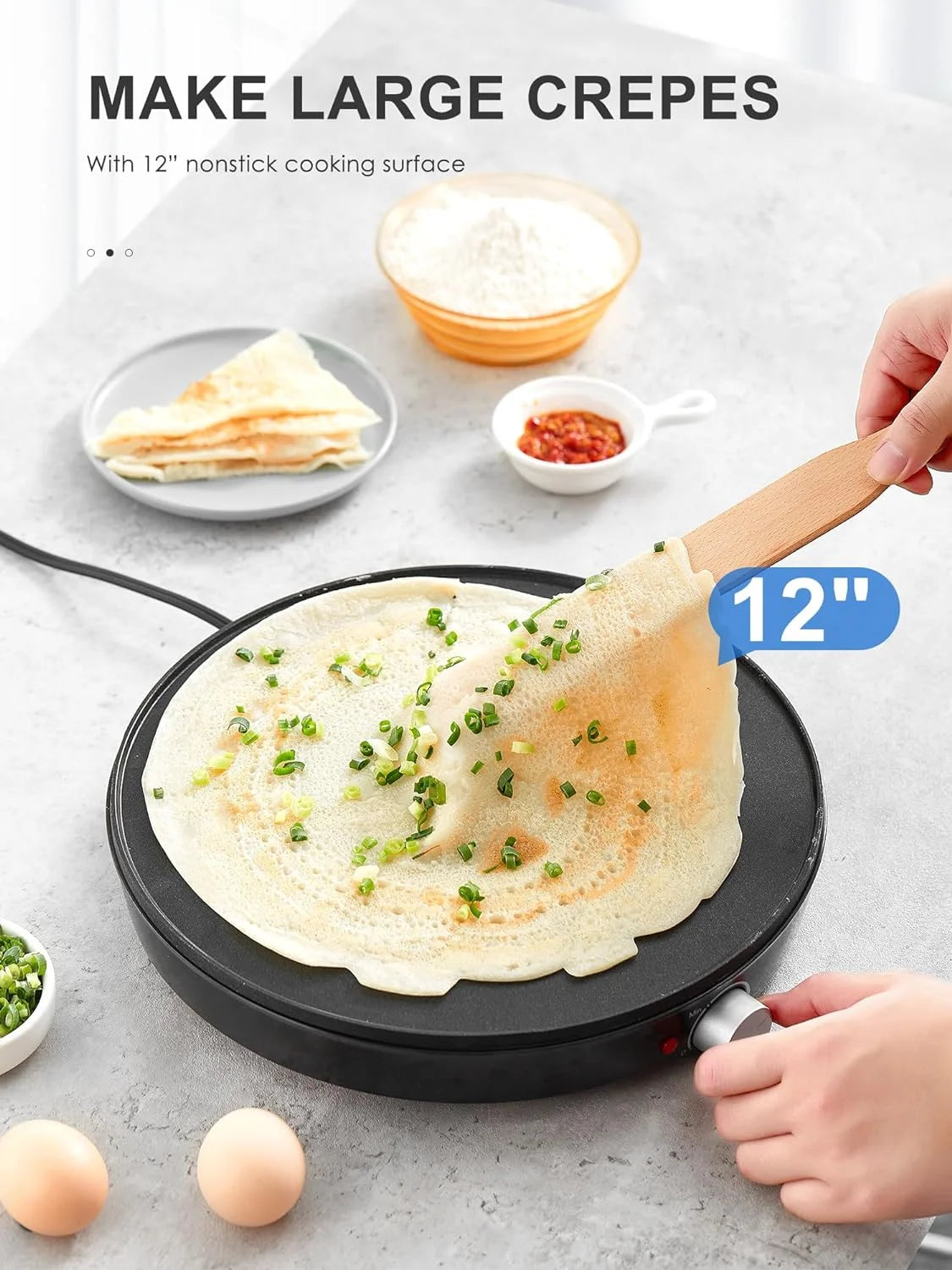 Crepe Maker Machine, Reemix Nonstick 12” Electric Griddle, Compact Pancake Griddle Precise Temperature Control, Batter Spreader for Eggs, Pancakes, Includes Spatula, Spreader（Black）