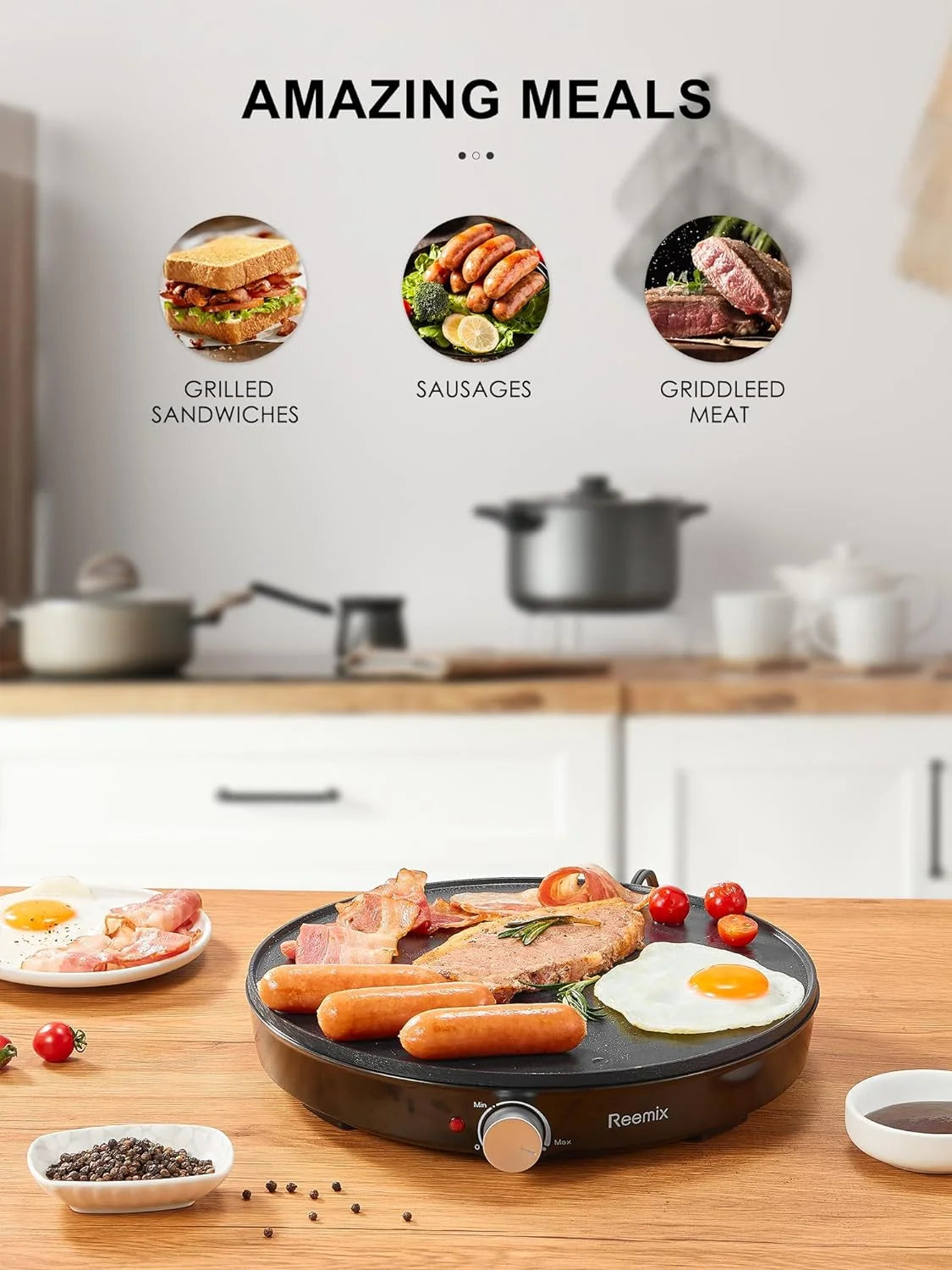 Crepe Maker Machine, Reemix Nonstick 12” Electric Griddle, Compact Pancake Griddle Precise Temperature Control, Batter Spreader for Eggs, Pancakes, Includes Spatula, Spreader（Black）