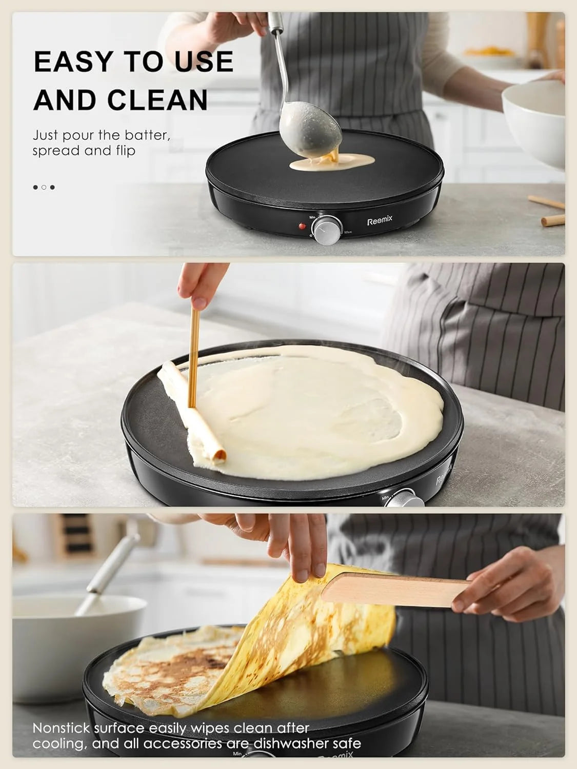 Crepe Maker Machine, Reemix Nonstick 12” Electric Griddle, Compact Pancake Griddle Precise Temperature Control, Batter Spreader for Eggs, Pancakes, Includes Spatula, Spreader（Black）