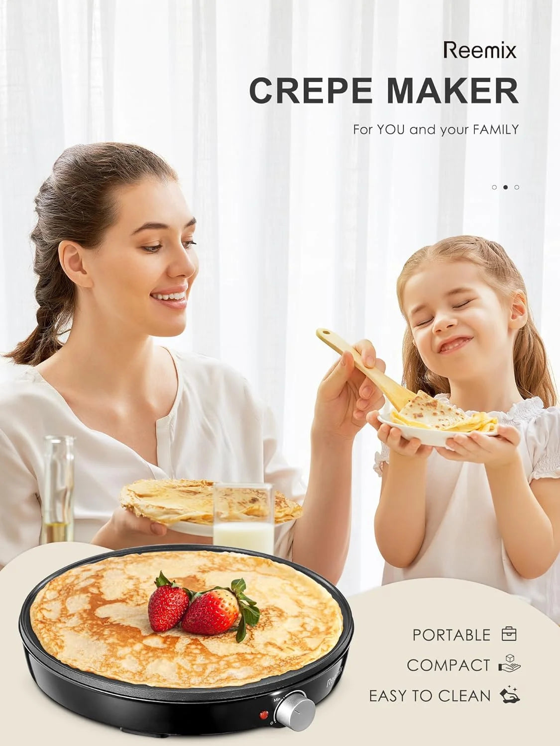 Crepe Maker Machine, Reemix Nonstick 12” Electric Griddle, Compact Pancake Griddle Precise Temperature Control, Batter Spreader for Eggs, Pancakes, Includes Spatula, Spreader（Black）